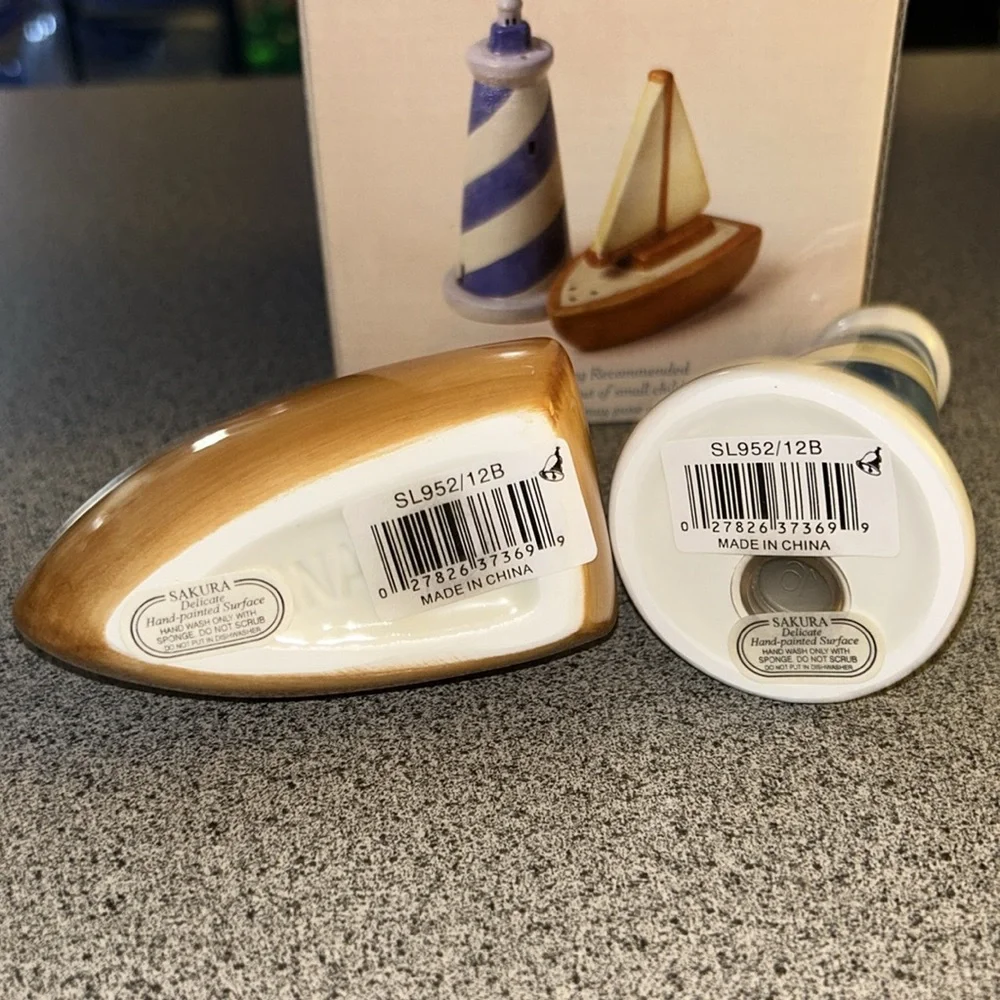 NWT Sakura Ceramic Sailboat and Lighthouse Salt and Pepper Shakers nautical